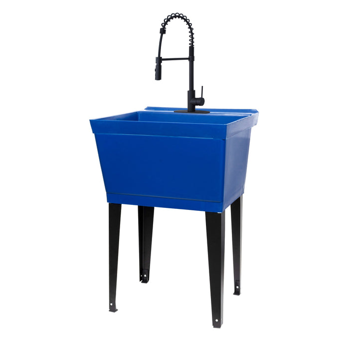 Tehila Standard Freestanding Blue Utility Sink with Black Finish High-Arc Coil Pull-Down Faucet - Sweatfully