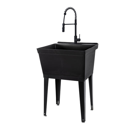 Tehila Standard Freestanding Black Utility Sink with Black Finish High-Arc Coil Pull-Down Faucet - Sweatfully