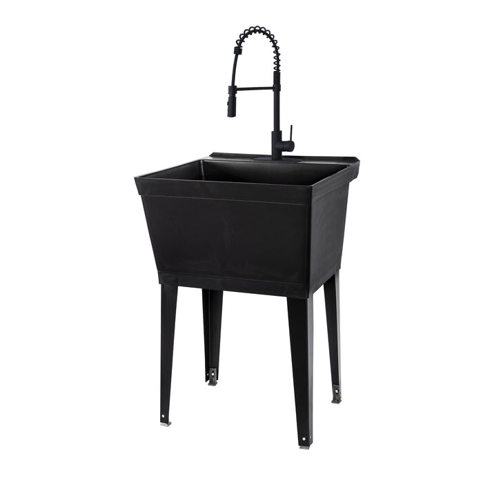 Tehila Standard Freestanding Black Utility Sink with Black Finish High-Arc Coil Pull-Down Faucet - Sweatfully
