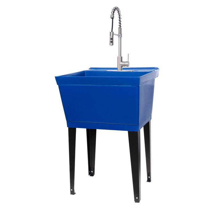Tehila Standard Freestanding Blue Utility Sink with Stainless Steel Finish High-Arc Coil Pull-Down Faucet - Sweatfully