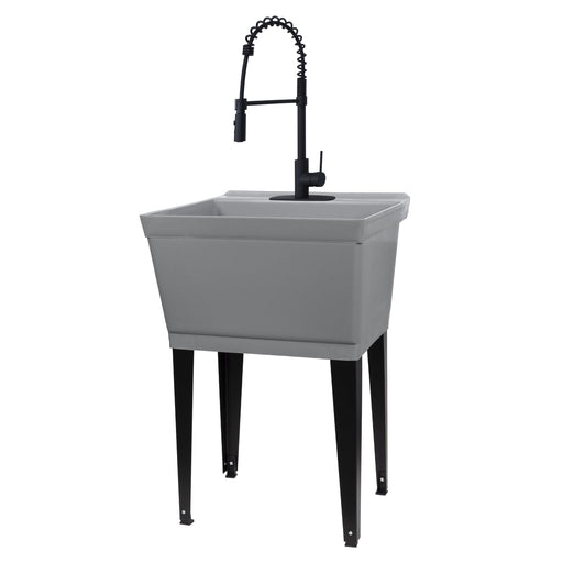 Tehila Standard Freestanding Grey Utility Sink with Black Finish High-Arc Coil Pull-Down Faucet - Sweatfully