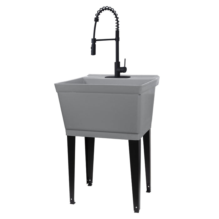 Tehila Standard Freestanding Grey Utility Sink with Black Finish High-Arc Coil Pull-Down Faucet - Sweatfully