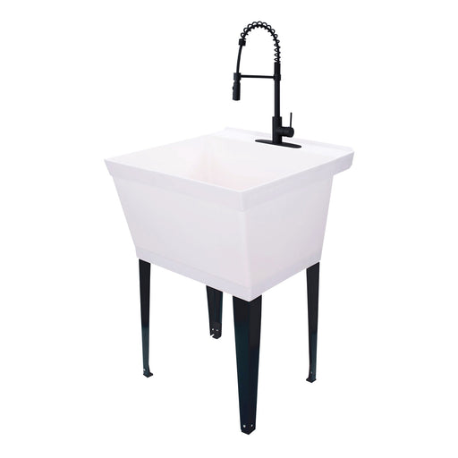 Tehila Standard Freestanding White Utility Sink with Black Finish High-Arc Coil Pull-Down Faucet - Sweatfully