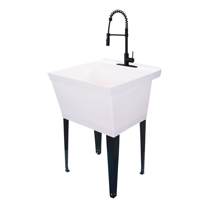 Tehila Standard Freestanding White Utility Sink with Black Finish High-Arc Coil Pull-Down Faucet - Sweatfully