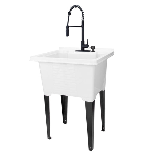 Tehila Luxe Freestanding White Utility Sink with Black Finish High-Arc Coil Pull-Down Faucet - Sweatfully