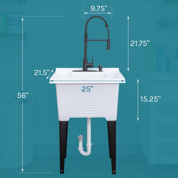 Tehila Luxe Freestanding White Utility Sink with Black Finish High-Arc Coil Pull-Down Faucet - Sweatfully
