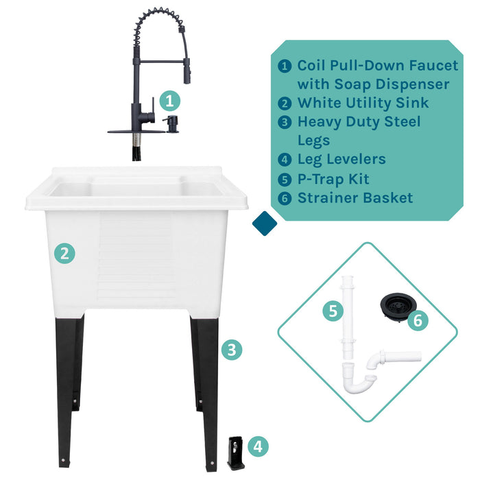 Tehila Luxe Freestanding White Utility Sink with Black Finish High-Arc Coil Pull-Down Faucet - Sweatfully