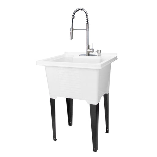 Tehila Luxe Freestanding White Utility Sink with Stainless Steel Finish High-Arc Coil Pull-Down Faucet - Sweatfully