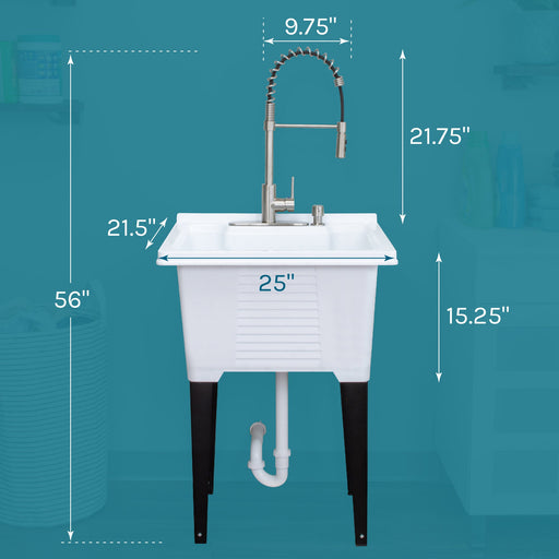 Tehila Luxe Freestanding White Utility Sink with Stainless Steel Finish High-Arc Coil Pull-Down Faucet - Sweatfully