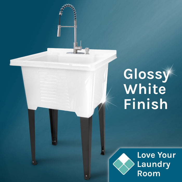 Tehila Luxe Freestanding White Utility Sink with Stainless Steel Finish High-Arc Coil Pull-Down Faucet - Sweatfully