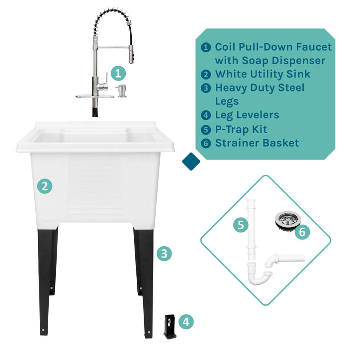 Tehila Luxe Freestanding White Utility Sink with Stainless Steel Finish High-Arc Coil Pull-Down Faucet - Sweatfully