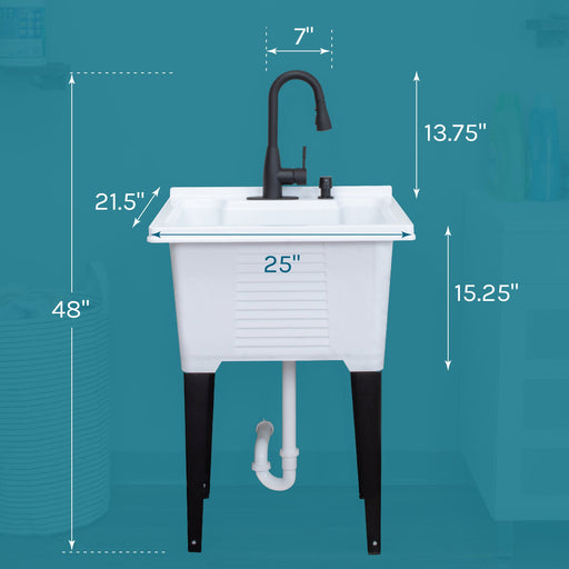 Tehila Luxe Freestanding White Utility Sink with Black Finish Low-Profile Pull-Down Faucet - Sweatfully