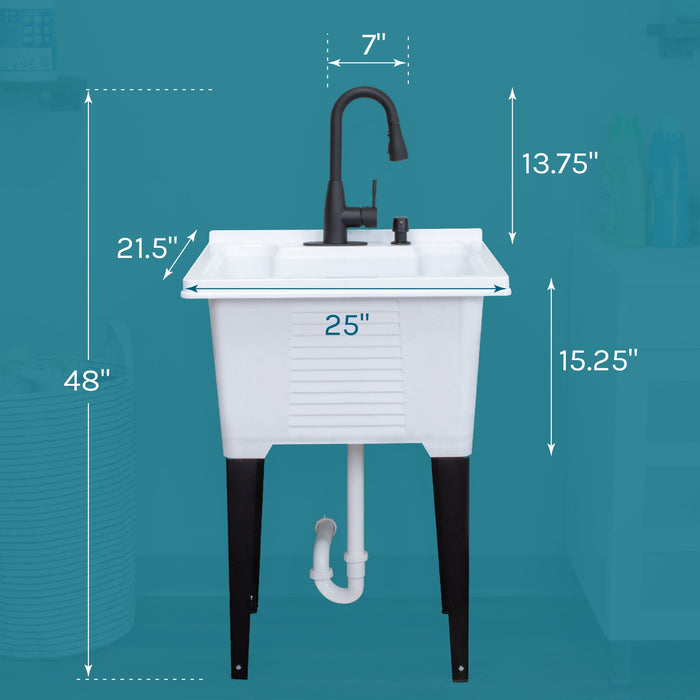 Tehila Luxe Freestanding White Utility Sink with Black Finish Low-Profile Pull-Down Faucet - Sweatfully