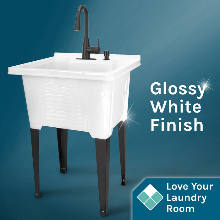 Tehila Luxe Freestanding White Utility Sink with Black Finish Low-Profile Pull-Down Faucet - Sweatfully