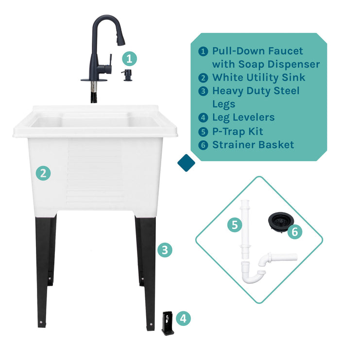 Tehila Luxe Freestanding White Utility Sink with Black Finish Low-Profile Pull-Down Faucet - Sweatfully