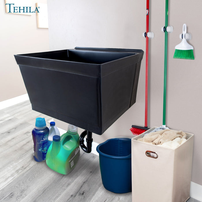 Tehila Standard Wall-Mounted Black Utility Sink, Water Supply Lines Included - Sweatfully