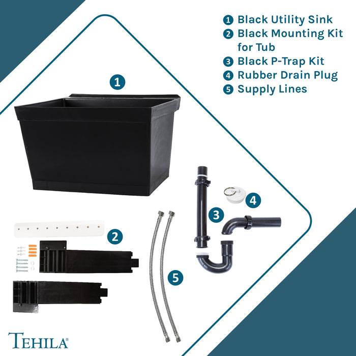 Tehila Standard Wall-Mounted Black Utility Sink, Water Supply Lines Included - Sweatfully