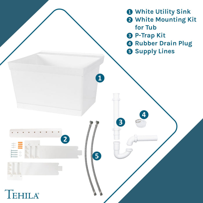 Tehila Standard Wall-Mounted White Utility Sink, Water Supply Lines Included - Sweatfully