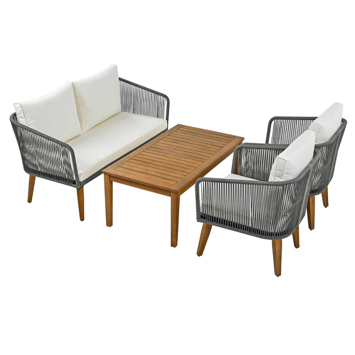 4 Pieces Outdoor Furniture Set with Loveseat, Patio Rope Conversation Set with Cushions for Backyard, Poolside, Garden - Sweatfully