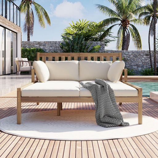 Outdoor Daybed, Patio Daybed with Four Pillows, Wooden Outdoor Bed with Curved Armrests for Poolside, Backyard, Garden - Sweatfully