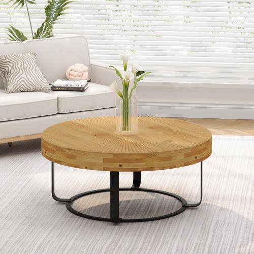 31.5" Modern round coffee table Wooden carving pattern coffee table with metal legs for living room reception room office Golden - Sweatfully