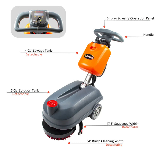 RT15 14" Commercial Compact Floor Scrubber Machine, 14500 sqft/h, 4-Gal Sewage Tank, Efficient Cleaning for Hard Floors - Sweatfully