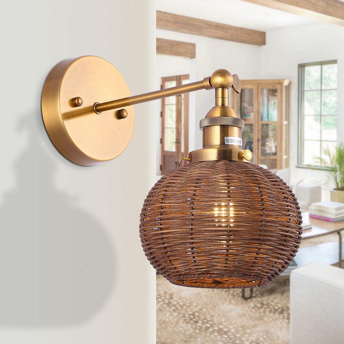 1-Light Traditional Rattan Golden Wall Sconce Light - Sweatfully