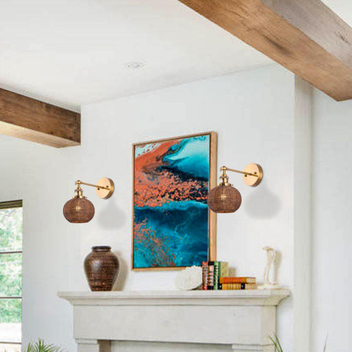 1-Light Traditional Rattan Golden Wall Sconce Light - Sweatfully