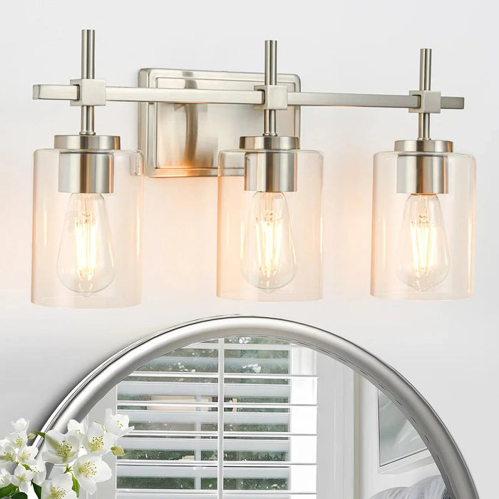 Jasper 3-Light Modern Clear Glass Bathroom Vanity Light, Black & Nickel - Sweatfully