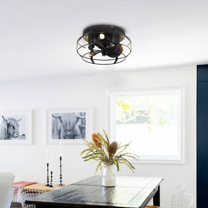 12" Flush Mount Low Profile Caged Small Ceiling Fan with Light and Remote Control - Sweatfully