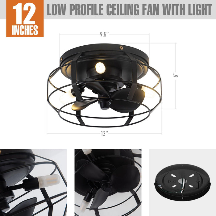 12" Flush Mount Low Profile Caged Small Ceiling Fan with Light and Remote Control - Sweatfully