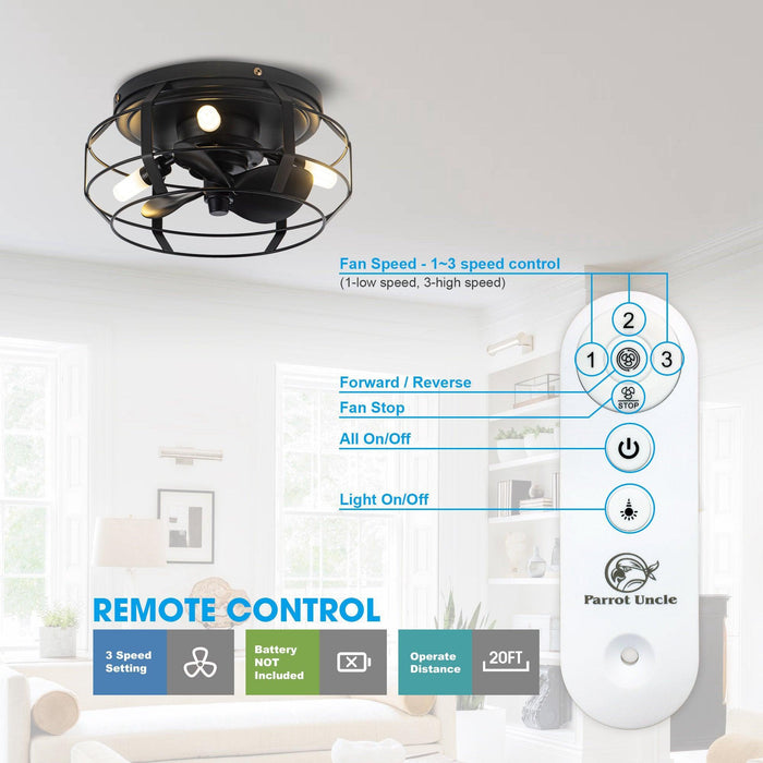 12" Flush Mount Low Profile Caged Small Ceiling Fan with Light and Remote Control - Sweatfully