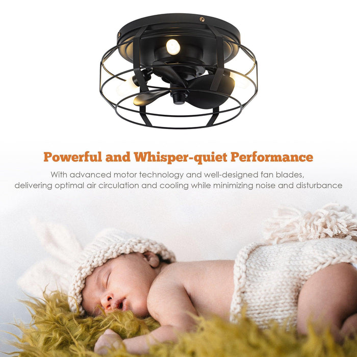 12" Flush Mount Low Profile Caged Small Ceiling Fan with Light and Remote Control - Sweatfully