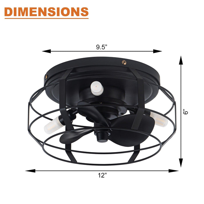 12" Flush Mount Low Profile Caged Small Ceiling Fan with Light and Remote Control - Sweatfully