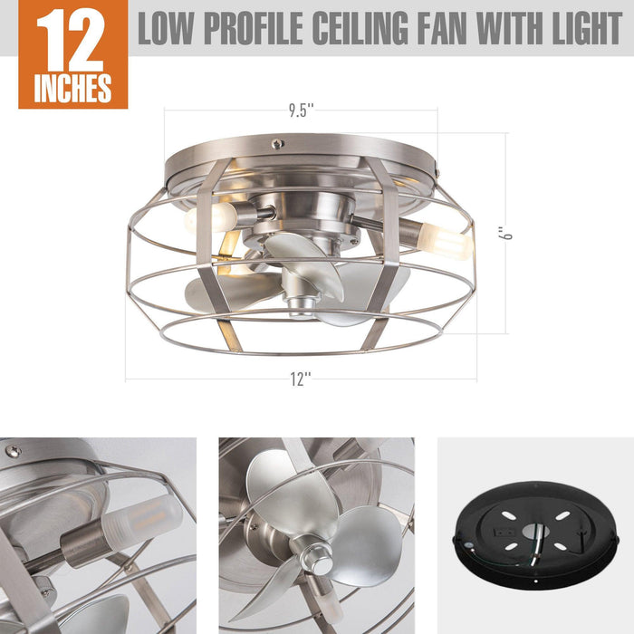12" Flush Mount Low Profile Caged Small Ceiling Fan with Light and Remote Control - Sweatfully