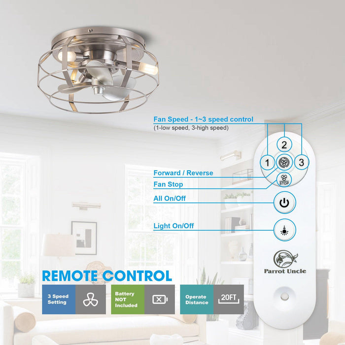 12" Flush Mount Low Profile Caged Small Ceiling Fan with Light and Remote Control - Sweatfully