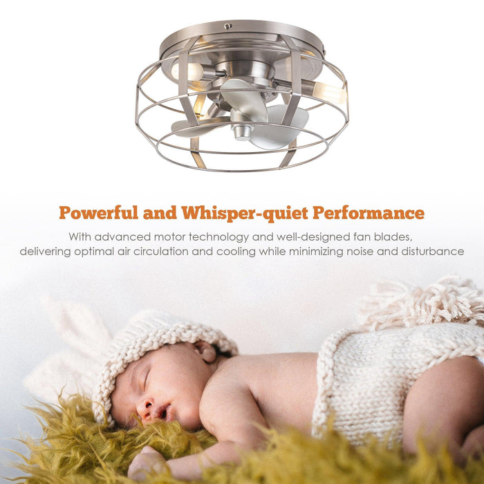 12" Flush Mount Low Profile Caged Small Ceiling Fan with Light and Remote Control - Sweatfully