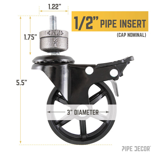 Swivel Caster Wheels for  ½” Pipe with Locking Mechanism (4-Pack) - Sweatfully