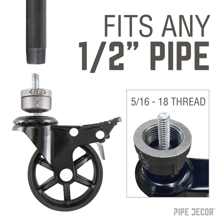 Swivel Caster Wheels for  ½” Pipe with Locking Mechanism (4-Pack) - Sweatfully