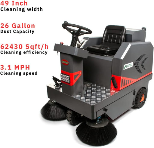 SM1250 49" Ride-on Industrial Floor Sweeper,  26 Gal Dustbin, 69000 Sqft/h Efficiency - Sweatfully