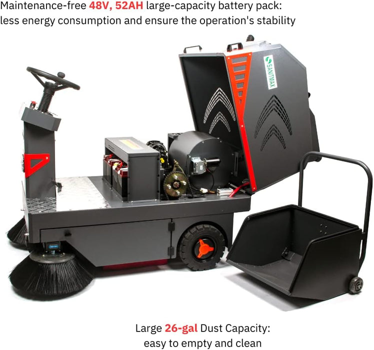SM1250+ 49" Ride-on Industrial Floor Sweeper,  69000 Sqft/h, 3.5 hr Fast Charging Lithium Battery - Sweatfully