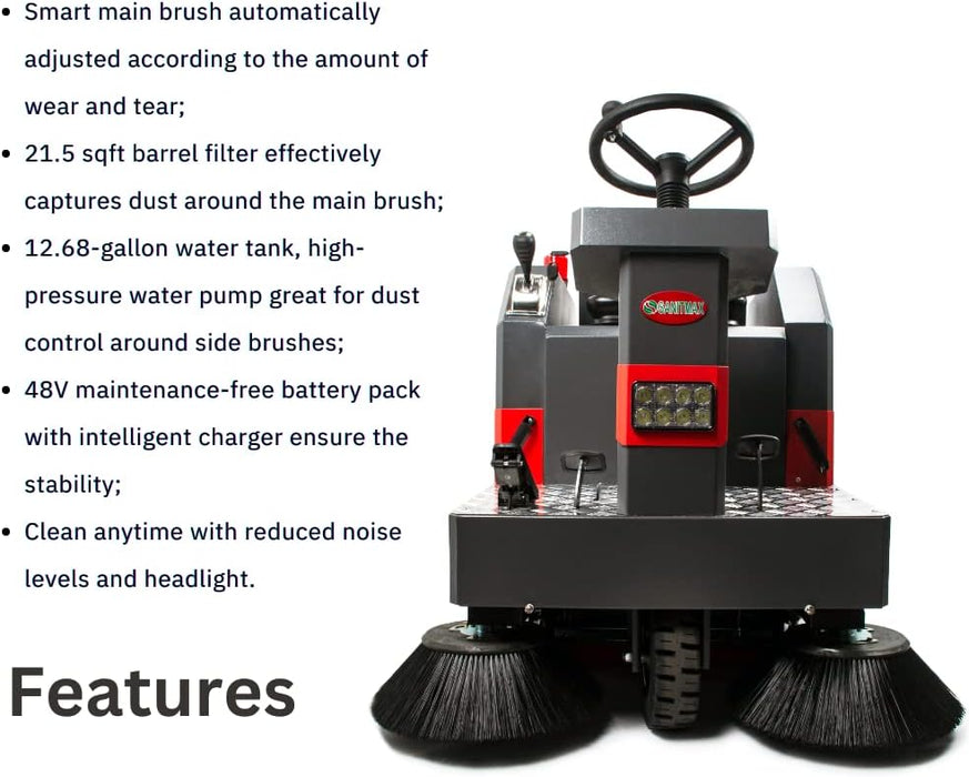 SM1250+ 49" Ride-on Industrial Floor Sweeper,  69000 Sqft/h, 3.5 hr Fast Charging Lithium Battery - Sweatfully