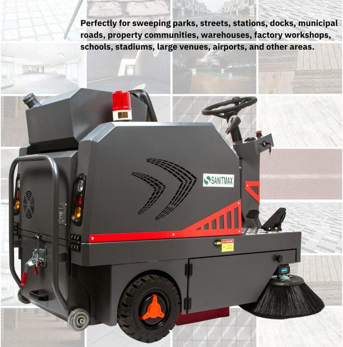 SM1250+ 49" Ride-on Industrial Floor Sweeper,  69000 Sqft/h, 3.5 hr Fast Charging Lithium Battery - Sweatfully