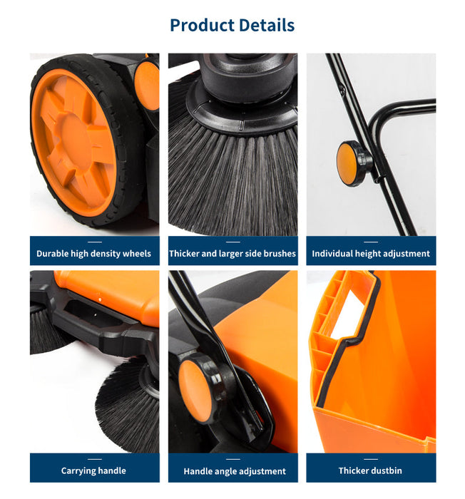 SM650 27.5" Manual Push Powered Floor Sweeper, Triple Brushes, Indoor and Outdoor - Sweatfully