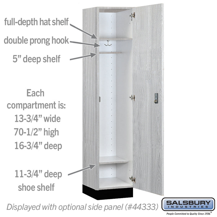 Salsbury 15" Wide Premier Wood Locker - Single Tier - 1 Wide - 6 Feet High - 18" Deep - Silver Teak - Resettable Combination Locks - Sweatfully