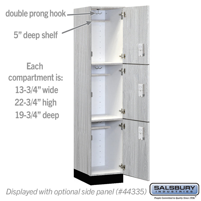 Salsbury 15" Wide Premier Wood Locker - Triple Tier - 1 Wide - 6 Feet High - 21" Deep - Silver Teak - Electronic Locks - Sweatfully