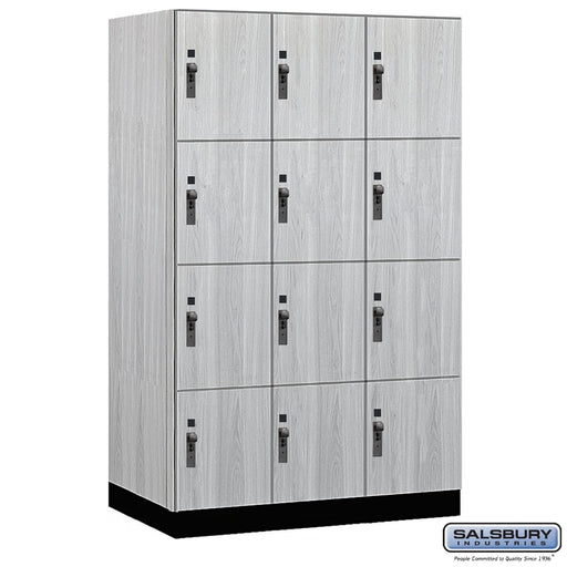 Salsbury 15" Wide Premier Wood Locker - Four Tier - 3 Wide - 6 Feet High - 21" Deep - Silver Teak - Hasps - Sweatfully