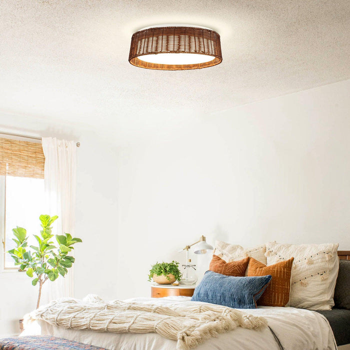 17" Traditional Brown Rattan Flush Mount Lighting with LED - Sweatfully