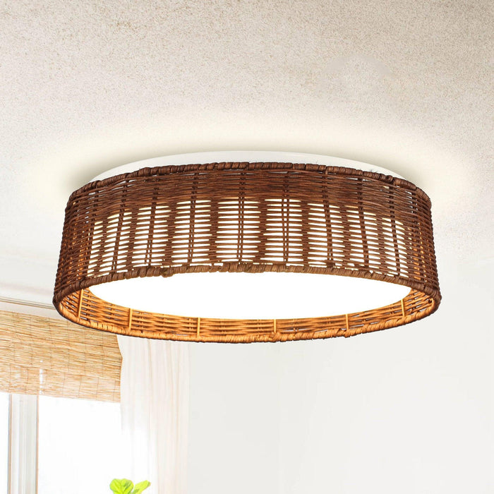 17" Traditional Brown Rattan Flush Mount Lighting with LED - Sweatfully