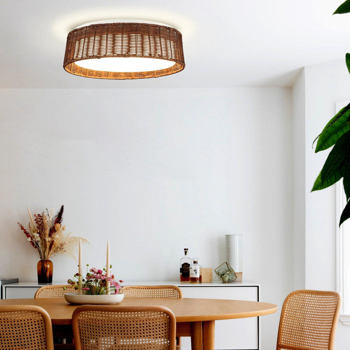 17" Traditional Brown Rattan Flush Mount Lighting with LED - Sweatfully